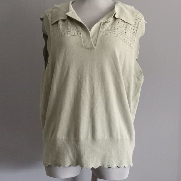 Joie sleeveless open collar pointelle knit banded bottom sweater shell preppy 1X - Picture 1 of 5
